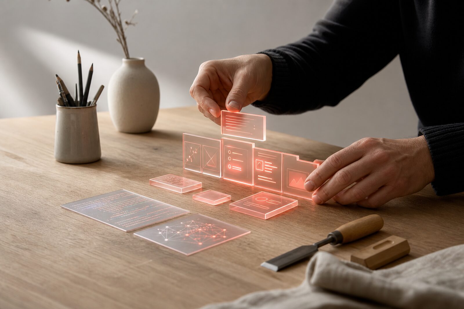 Digitale Handarbeit als Bild: Website-Bausteine werden von Hand auf einer Werkbank zusammengesetzt, daneben klassisches Handwerkszeug