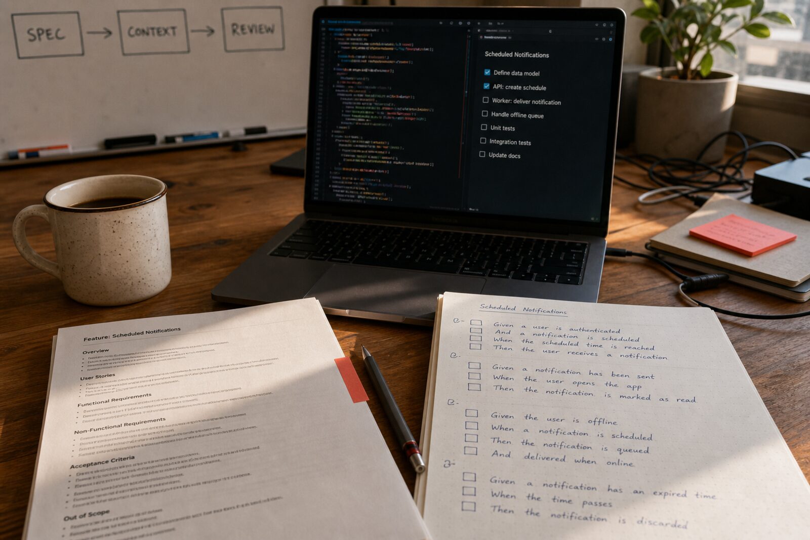 Schreibtisch mit Spezifikation, Checkliste und Laptop: KI-Entwicklung braucht einen Plan, bevor Code entsteht