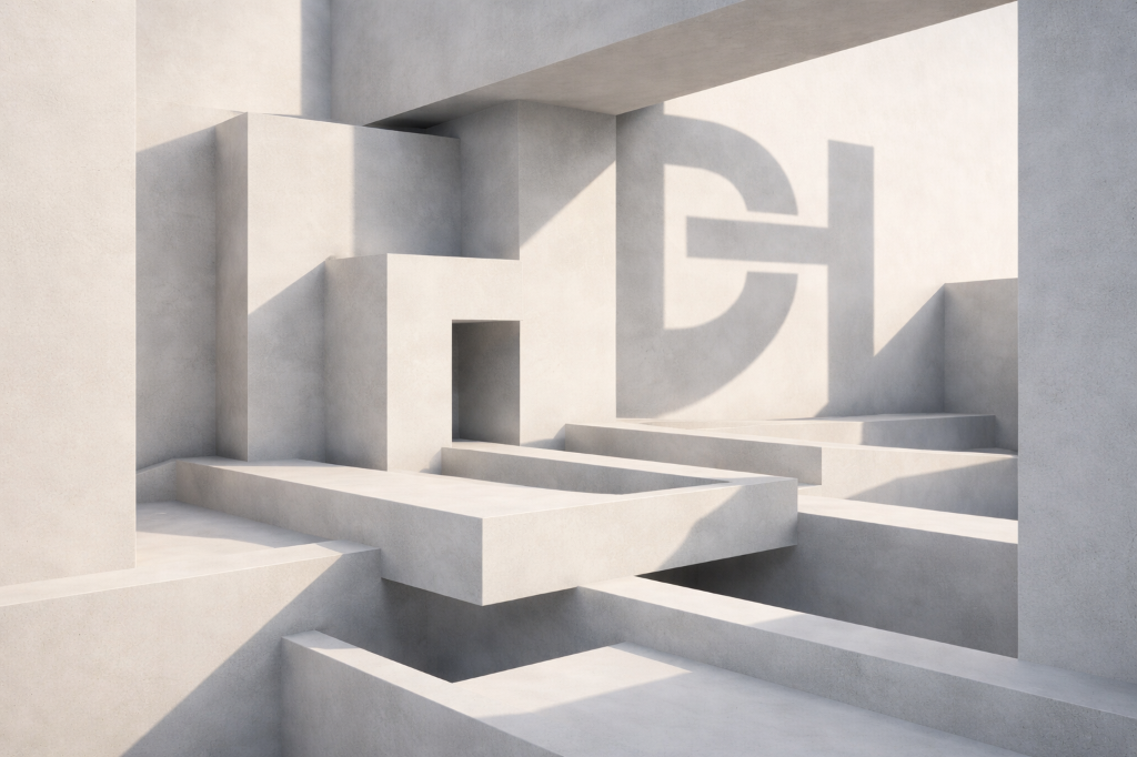 Abstrakte architektonische Formen mit dem DH Monogramm als Schatten