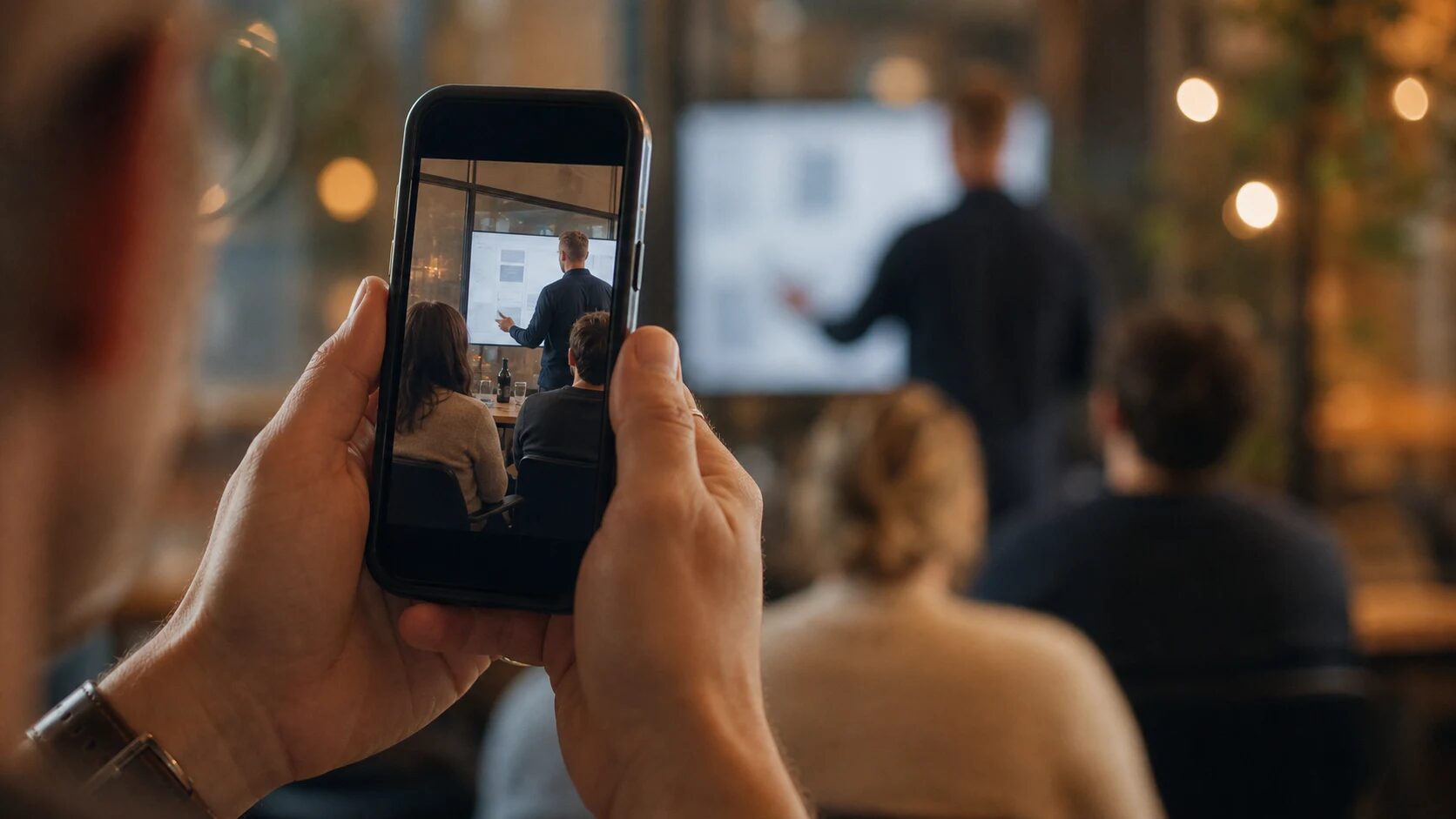Gast hält ein Smartphone hoch und fängt einen Moment auf dem Event ein