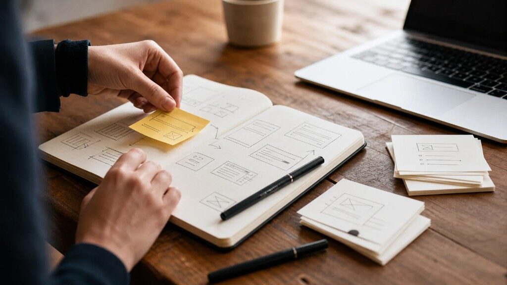 Projektmaterial: Wireframe-Skizzen im Notizbuch