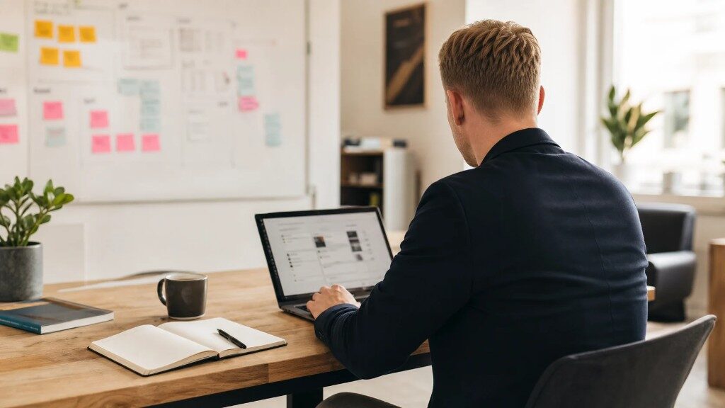 Arbeitsplatz bei Digitale Handarbeit: Laptop, Notizbuch und Whiteboard mit Projektnotizen
