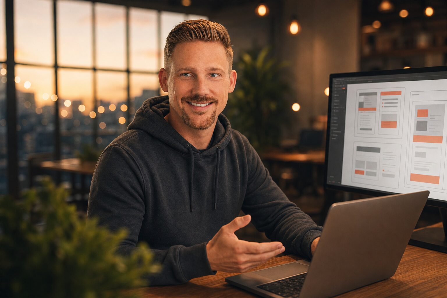 Dennis Honke von Digitale Handarbeit präsentiert ein Website-Konzept im Studio